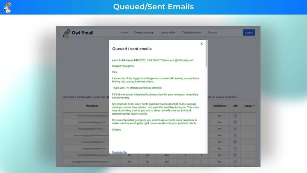 Owl Email Sent Email
