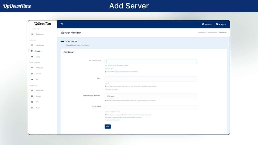 UpDowntime Add Server