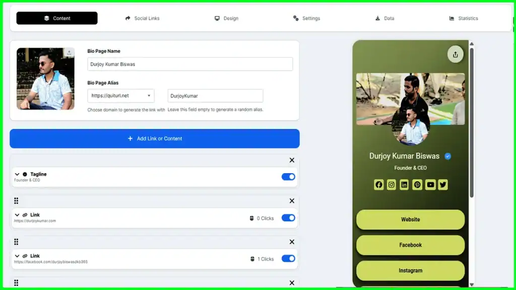 Create Smart Link in Bio Pages on QuitURL