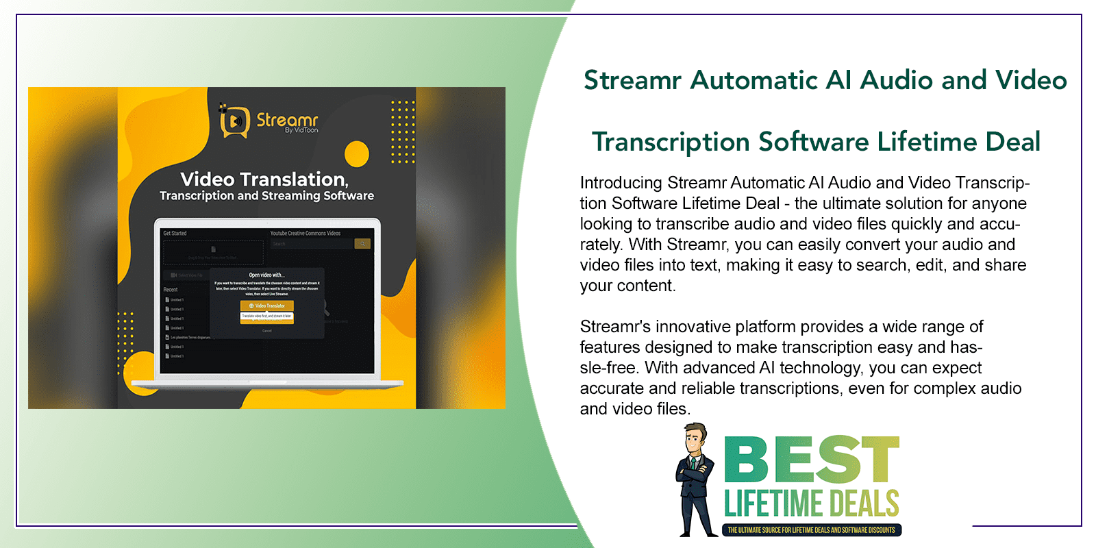 Streamr Automatic AI Audio and Video Transcription Software Lifetime Deal Featured Image