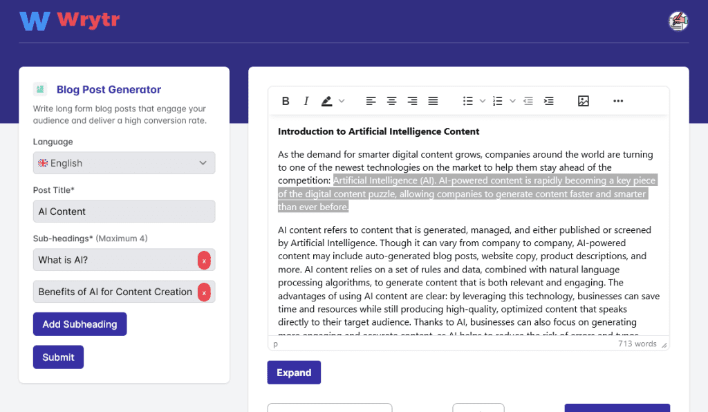 Wrytr AI Content Generator Tool 4