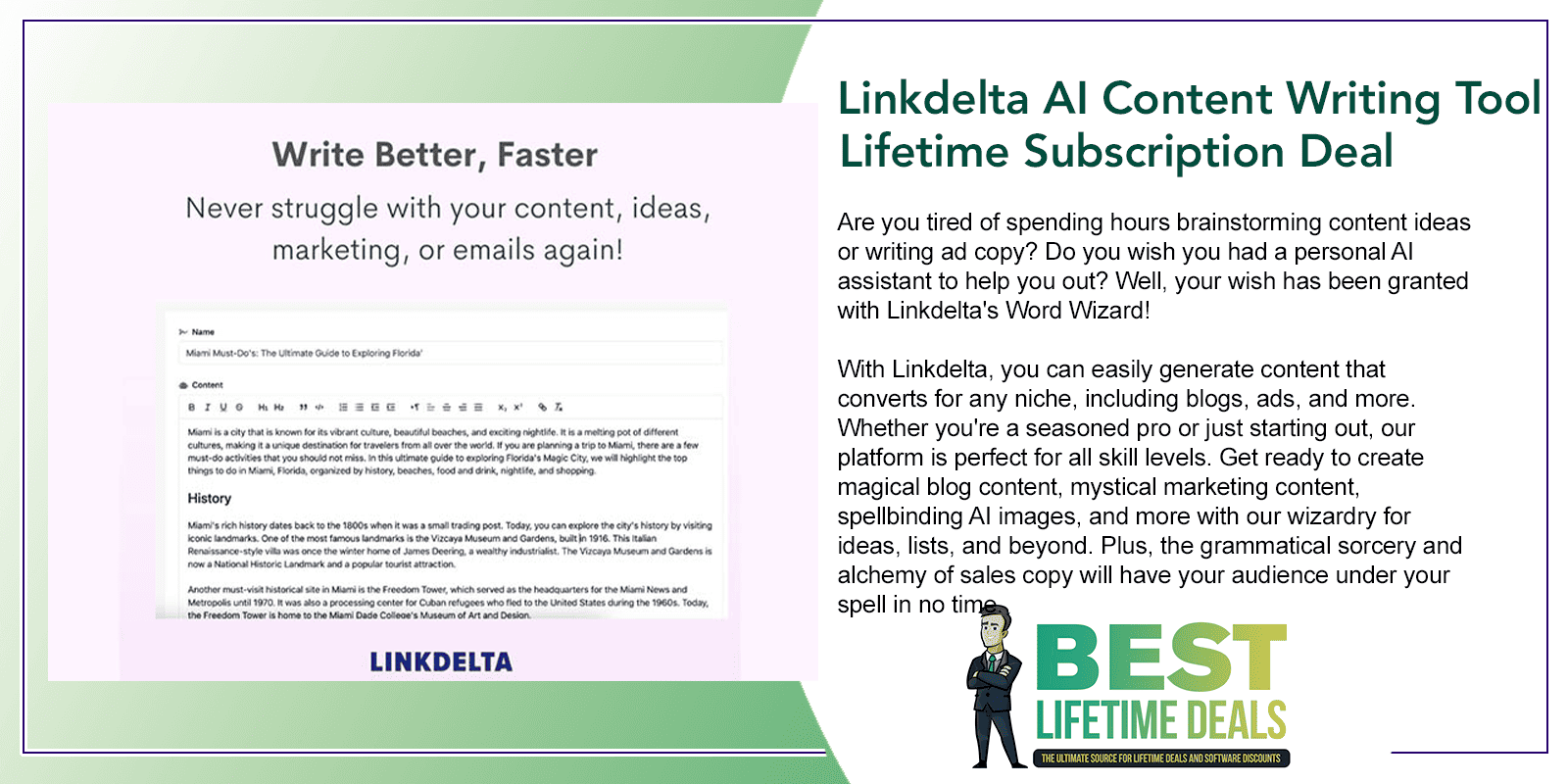Linkdelta AI Content Writing Tool Lifetime Subscription Deal