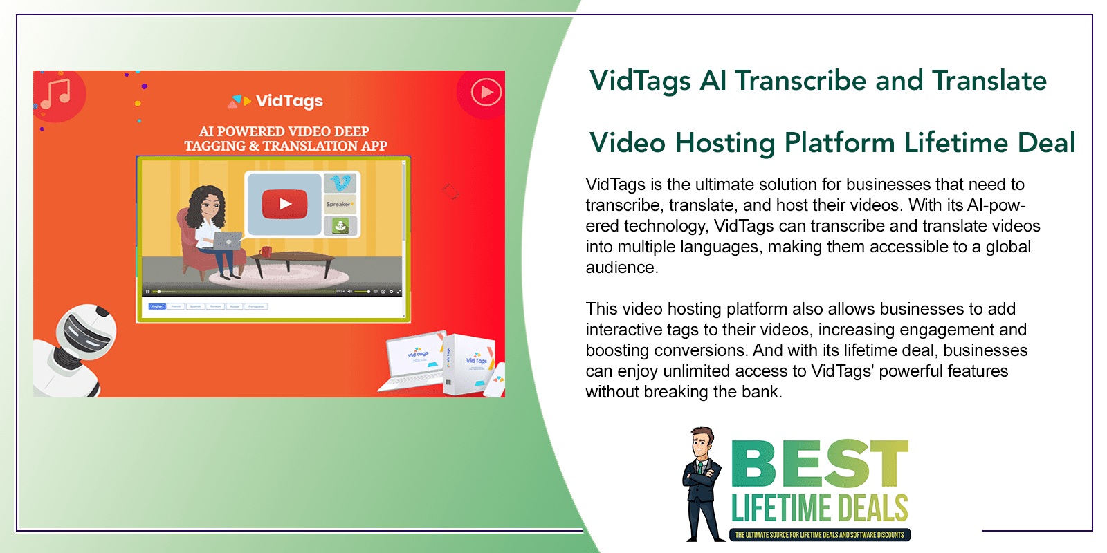 VidTags AI Transcribe and Translate Video Hosting Platform Lifetime Deal Featured Image