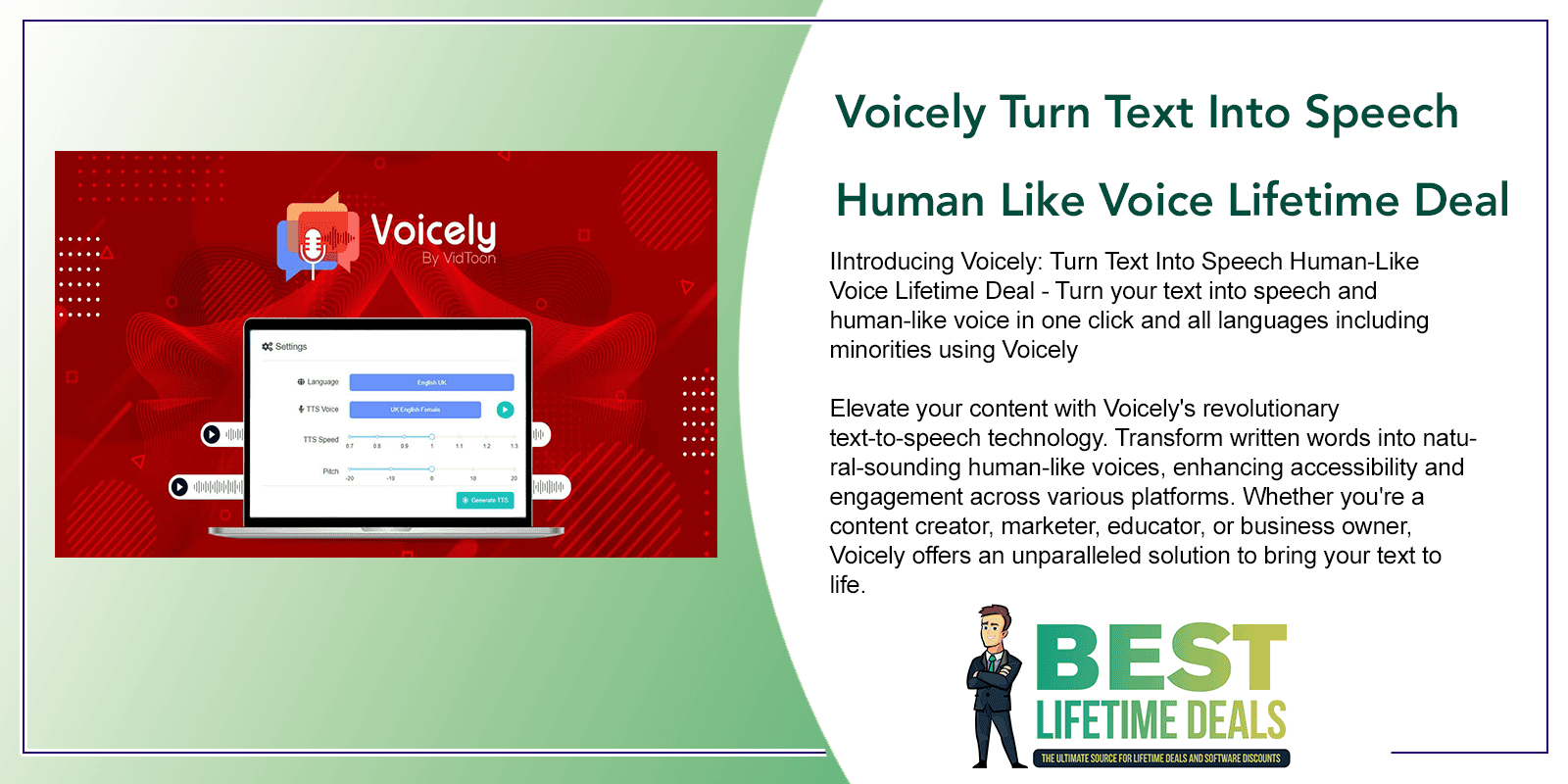 Voicely Turn Text Into Speech Human Like Voice Lifetime Deal Featured Image