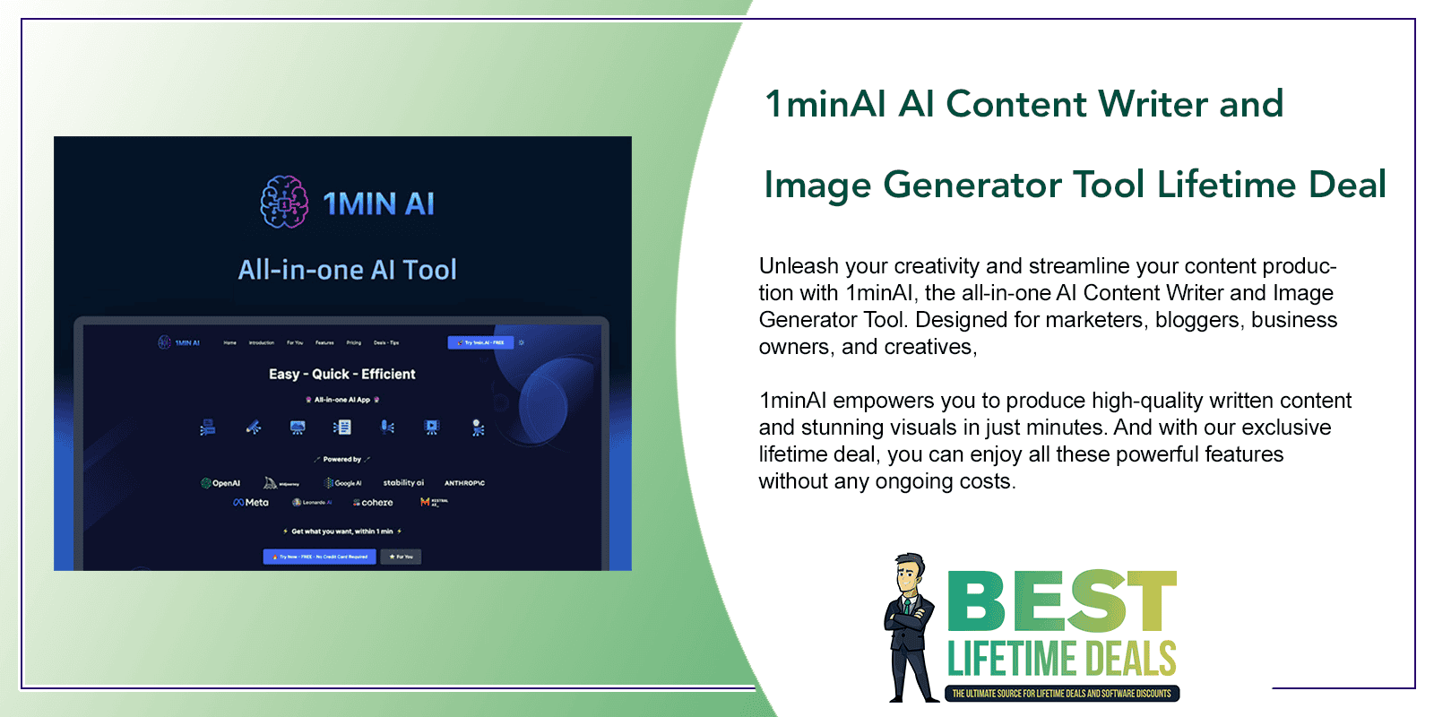 1minAI AI Content Writer and Image Generator Tool Lifetime Deal