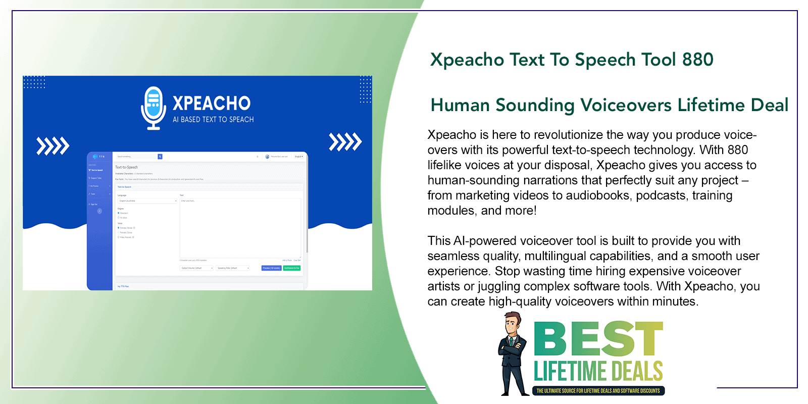 Xpeacho Text To Speech Tool 880 Human Sounding Voiceovers Lifetime Deal Featured Image