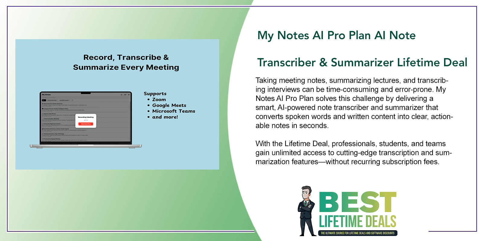 My Notes AI Pro Plan AI Note Transcriber & Summarizer Lifetime Deal Featured Image