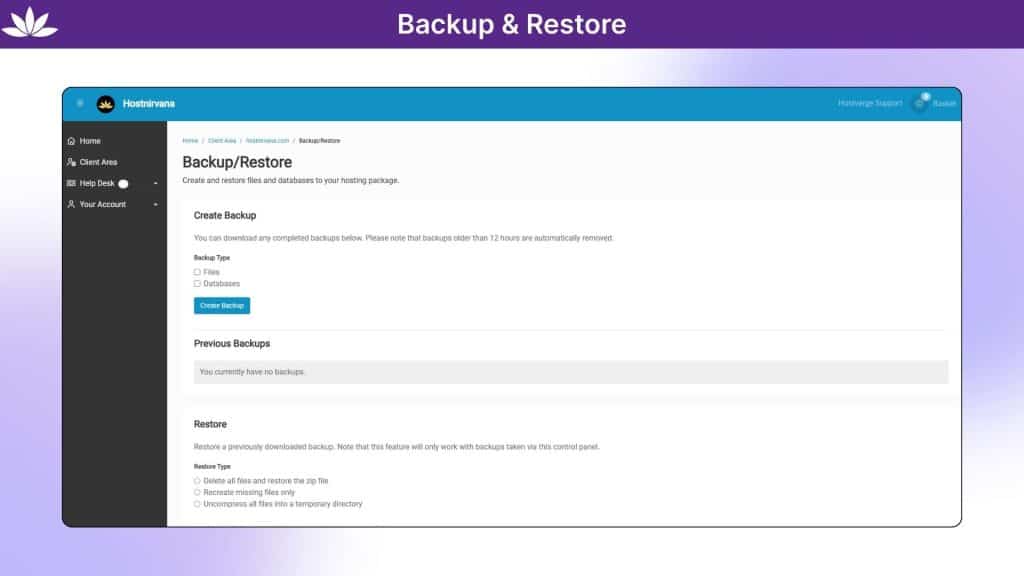 HostNirvana Backup Restore