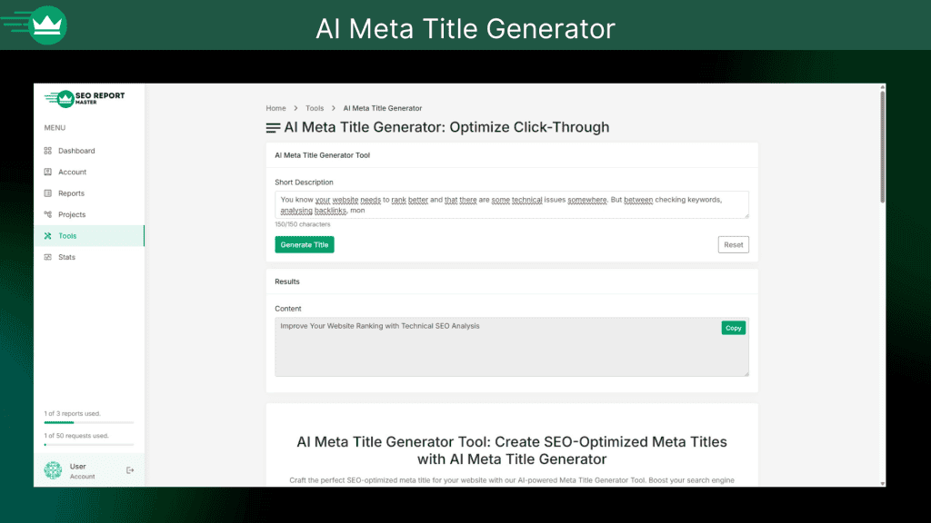 SEO Report Master AI Meta Tittle Generator