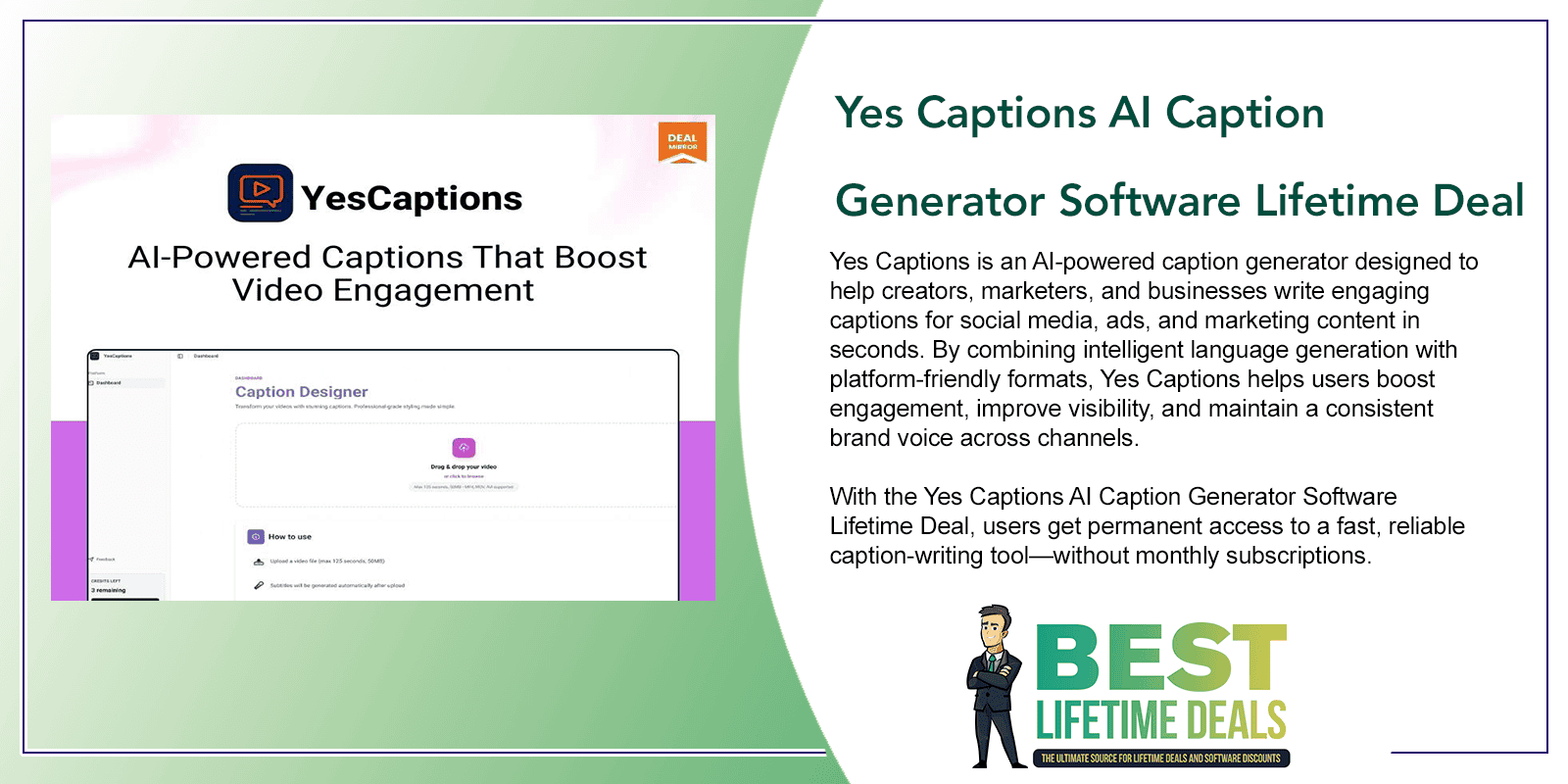Yes Captions AI Caption Generator Software Lifetime Deal Featured Image